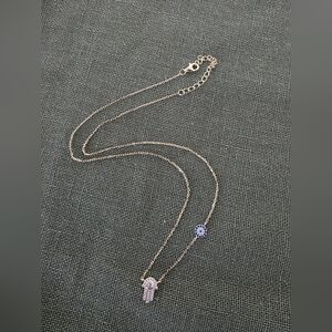 Gold Tone Hamsa Hand + Blue Evil Eye Necklace (CZ Pavé)